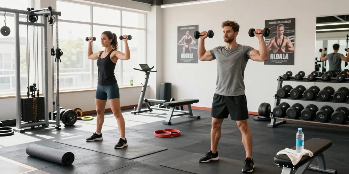 Fitness-Enthusiasten bei Deus Medical im modernen Fitnessstudio, die gemeinsam Gewichte heben.