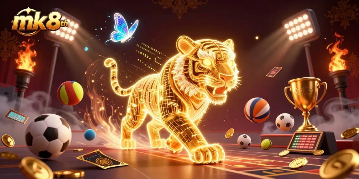 Engage with mk8th to experience thrilling sports betting with a neon tiger in a vibrant casino.