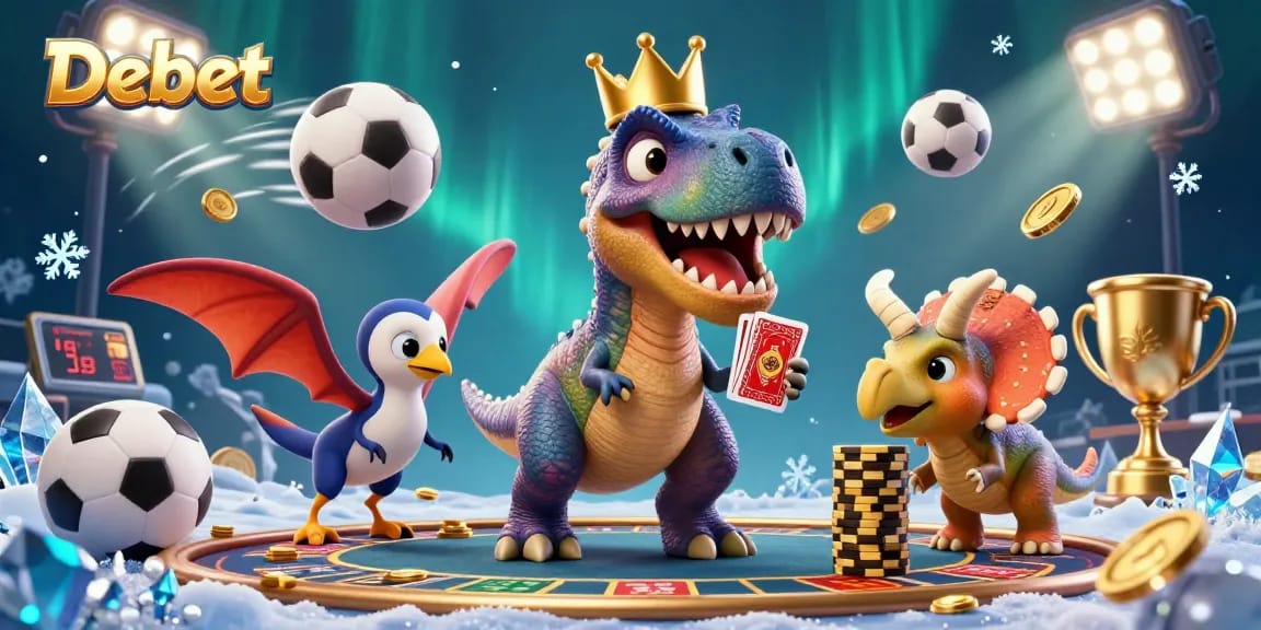 Engage with Debet’s immersive casino-themed illustration featuring vibrant characters and dynamic sports elements.