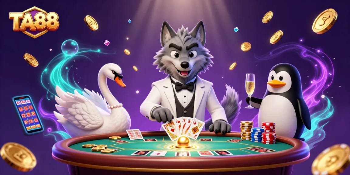 Experience the excitement at TA88 with a vibrant casino scene featuring roulette, cards, and enchanting characters.