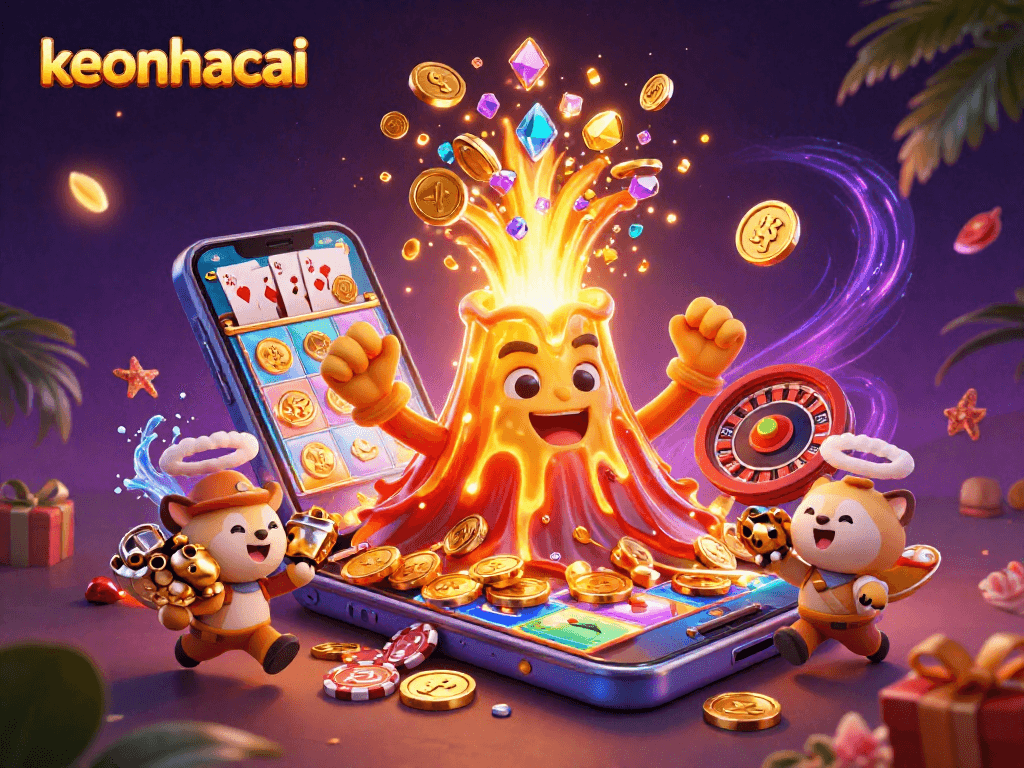 Engage with keonhacai as a triumphant golden volcano erupts coins, gems, and energetic casino elements.