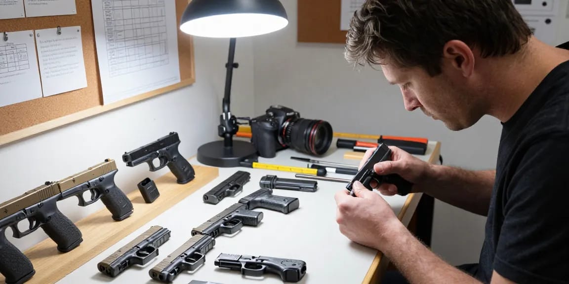 Expert gunsmith customizing Glock slides at https://precisionglockslides.com showcasing precision tools and craftsmanship.