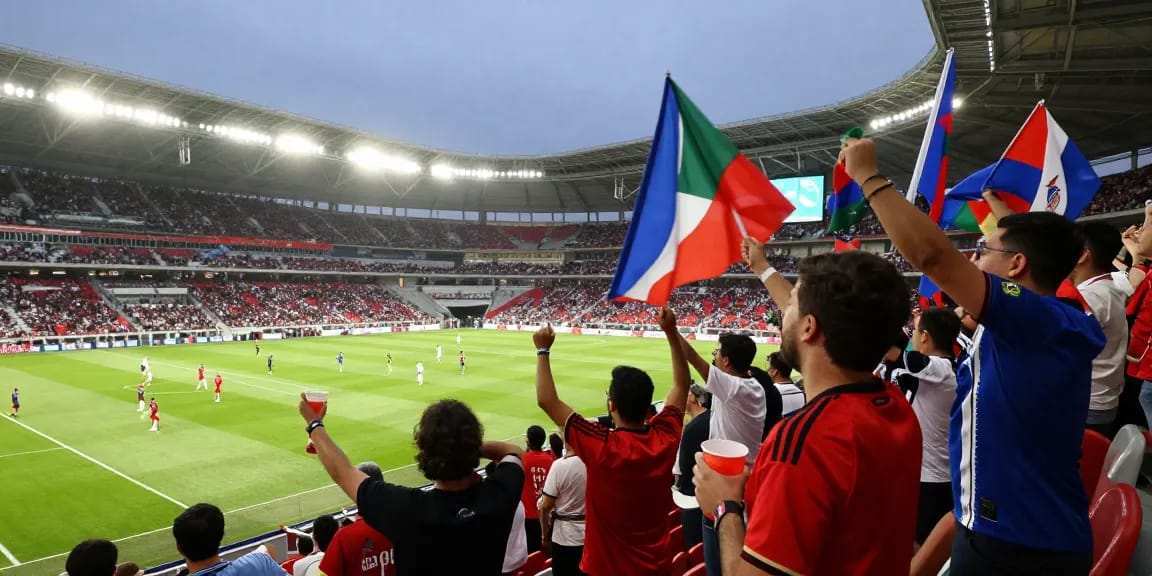 Fussball WM Wettanbieter in der Stadionatmosphäre mit jubelnden Fans und Spielern im Spiel.