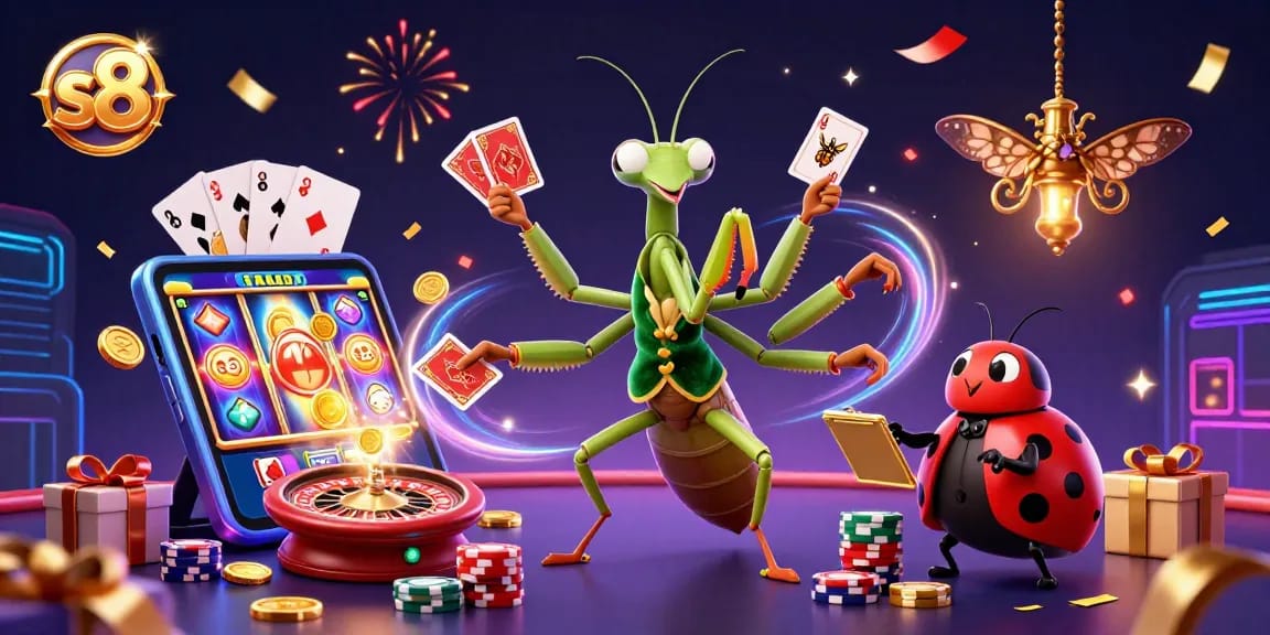 S8 casino scene with a giant praying mantis card sharp and ladybug pit boss engaged in thrilling gaming activities.
