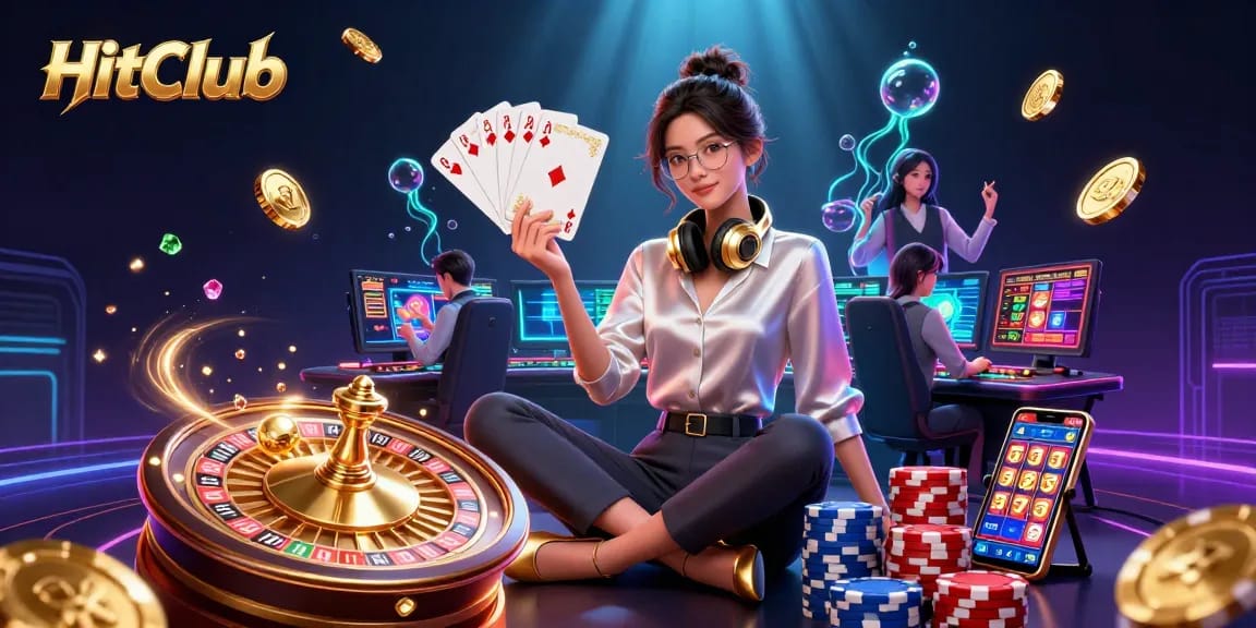 HitClub gaming event featuring an Asian woman at a high-tech setup with casino games.
