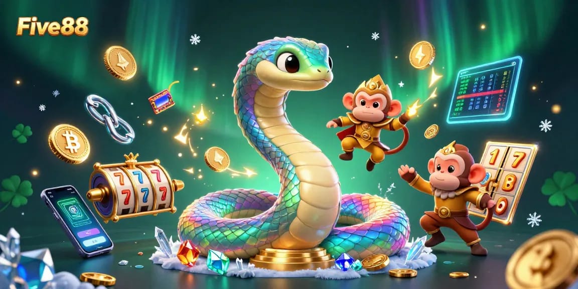 Engage with Five88 casino’s colorful 3D symbolism featuring a snake and monkey amidst glowing crypto coins.
