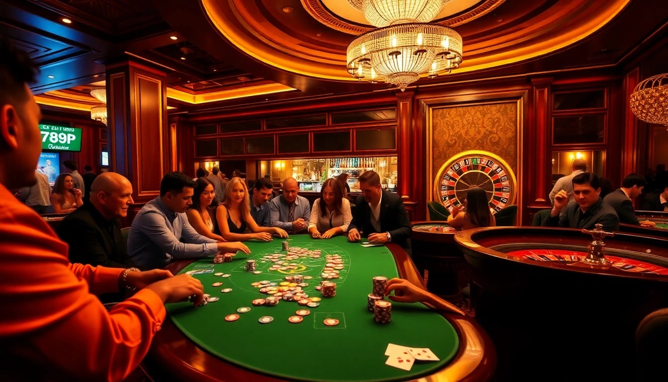Engaged players enjoying a thrilling poker game at 789P casino, vibrant atmosphere, luxury gaming.