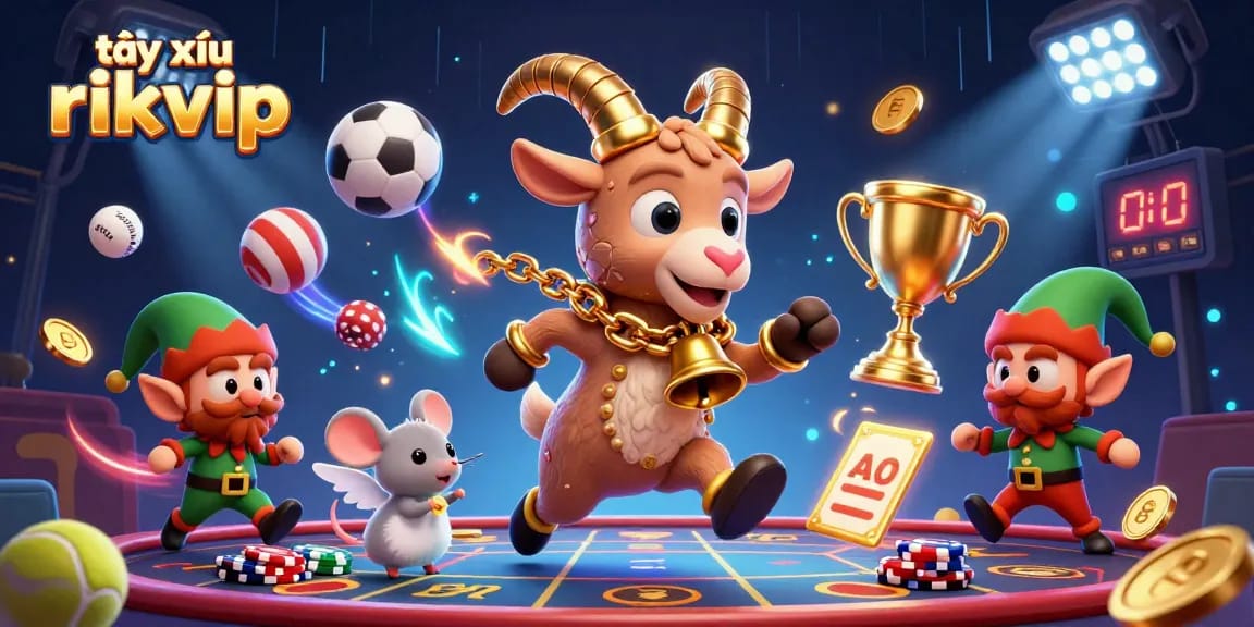 Engage in exciting tài xỉu rikvip gameplay with Krampus, angel mouse, and mischievous elves in a vibrant casino scene.