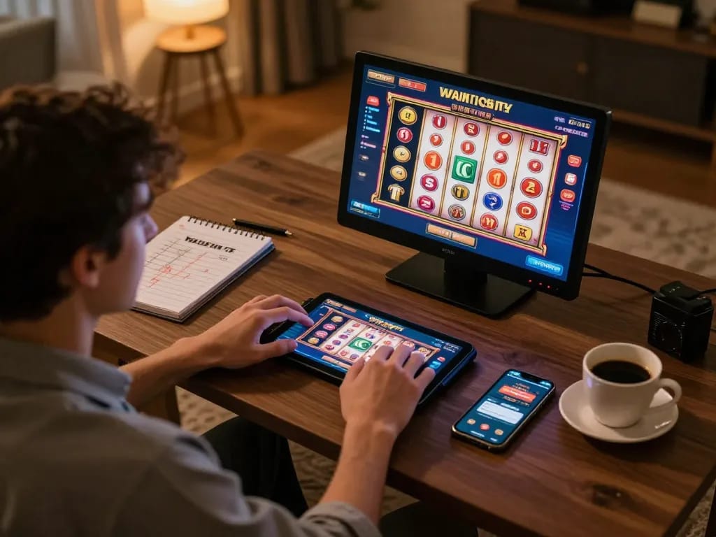 Engaging with an exciting slot bonus new member game on tablet at a cozy gaming desk.
