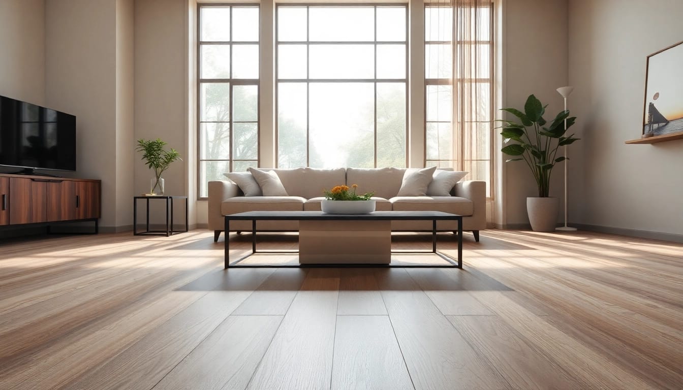 Bright living room with luxury vinyl flooring near me showcasing style and warmth.