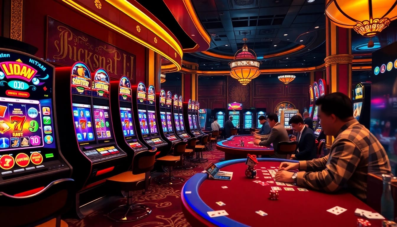 Playing slot demo scatter hitam in a vibrant casino with exciting machines and lively atmosphere.