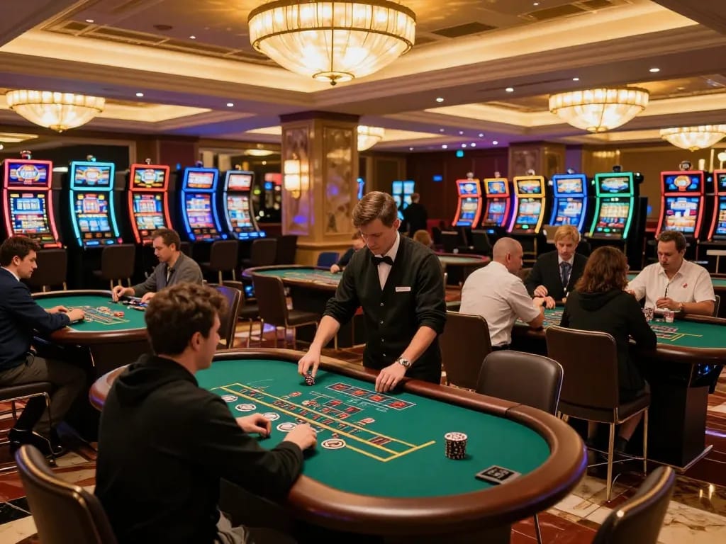 Casino online italiani non aams players strategically betting at a vibrant blackjack table in a luxurious setting.