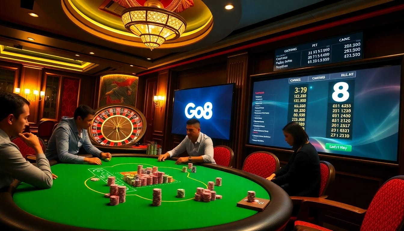 Experience the thrill of online betting at Go8 with a vibrant casino scene featuring poker, roulette, and luxury.