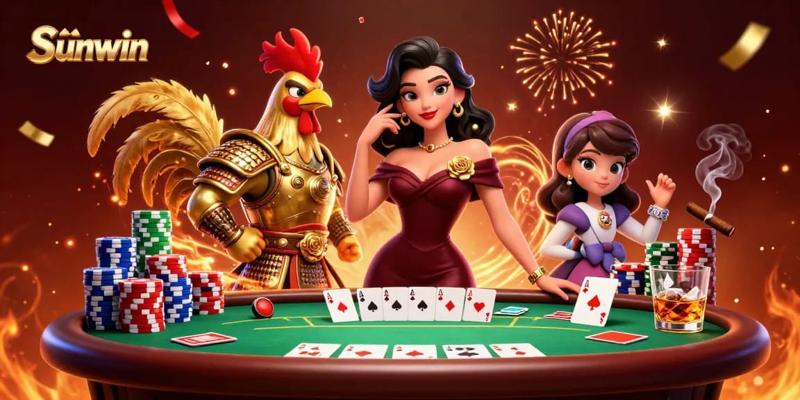 Win big with Sunwin at a vibrant poker scene featuring glamorous characters and dynamic gameplay.