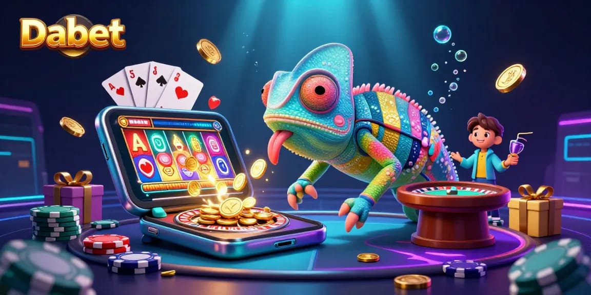 Dabet brings the thrill of winning with a vibrant casino scene featuring a chameleon owner and exciting games