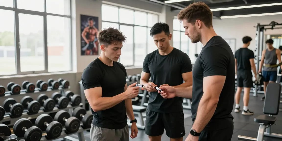 Aktive Bodybuilder im Anabolika Shop – sicheres Spritzen von Steroiden in modernem Fitnessstudio.