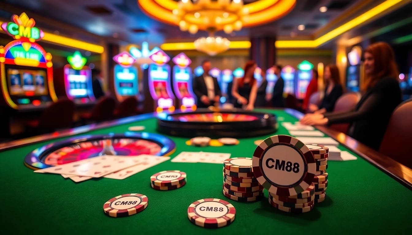 Players engaging in thrilling gameplay with CM88 branded poker chips at a luxurious casino table.