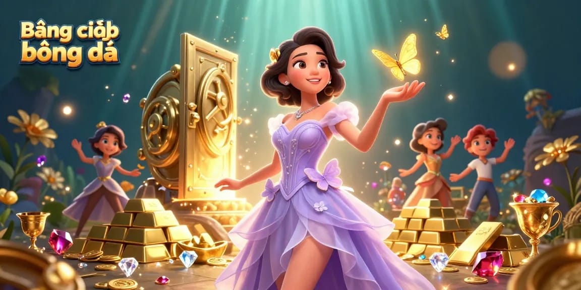 Bảng xếp hạng bóng đá scene with majestic woman among gold coins and dazzling gems, enhancing betting excitement.