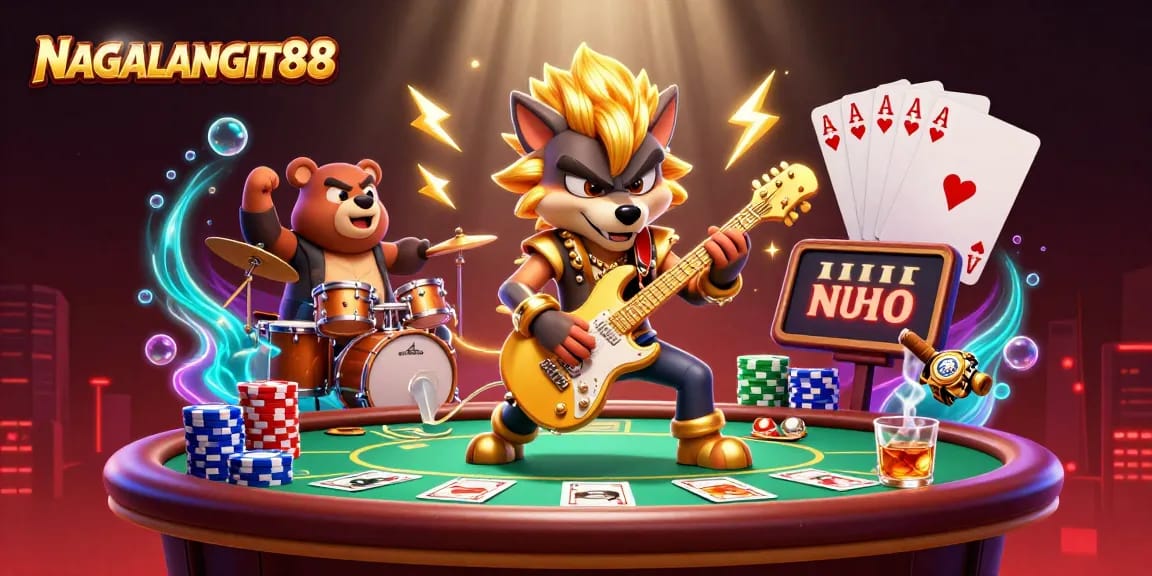NAGALANGIT88 showcases an exciting casino scene with a cartoon wolf rock star and vibrant poker elements.
