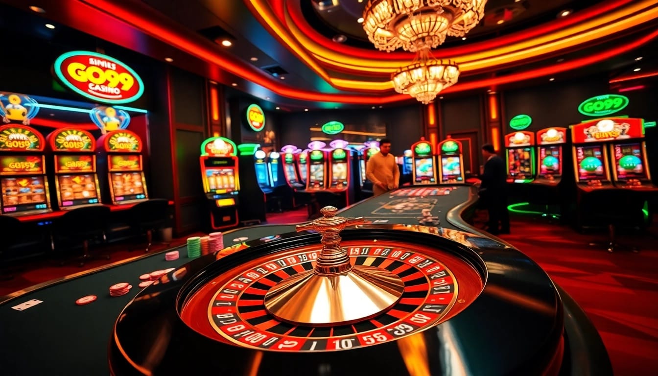 Experience the excitement of GO99 with a vibrant casino backdrop featuring poker chips and roulette.