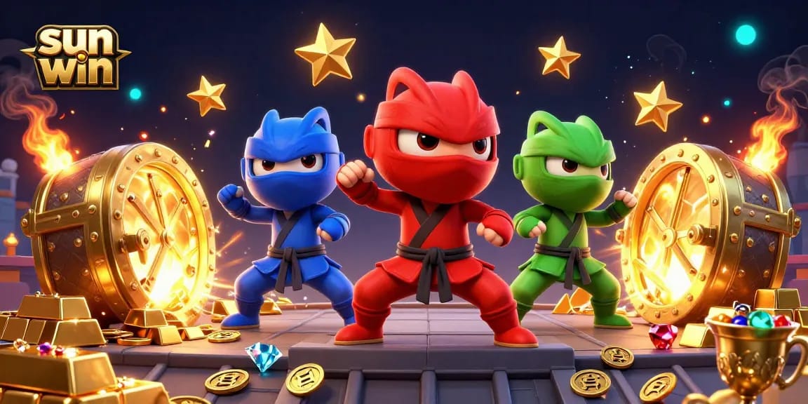 Sun win characters celebrate with synchronized poses and golden treasures in a vibrant casino scene.