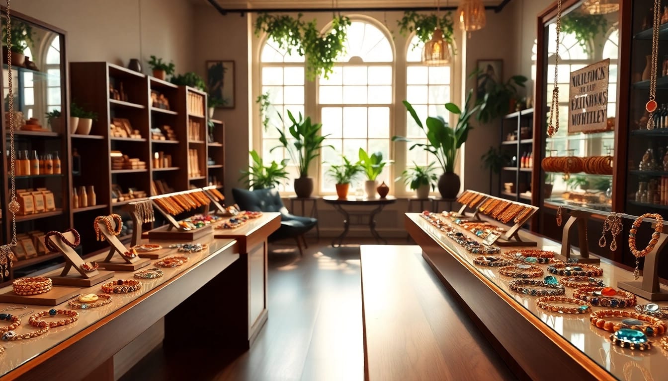 Stunning collection of jewelry displayed in a spiritual jewelry shop, showcasing healing pieces.