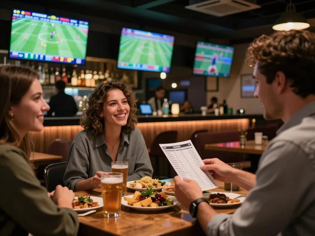 Football betting excitement with patrons cheering and viewing odds in a lively bar