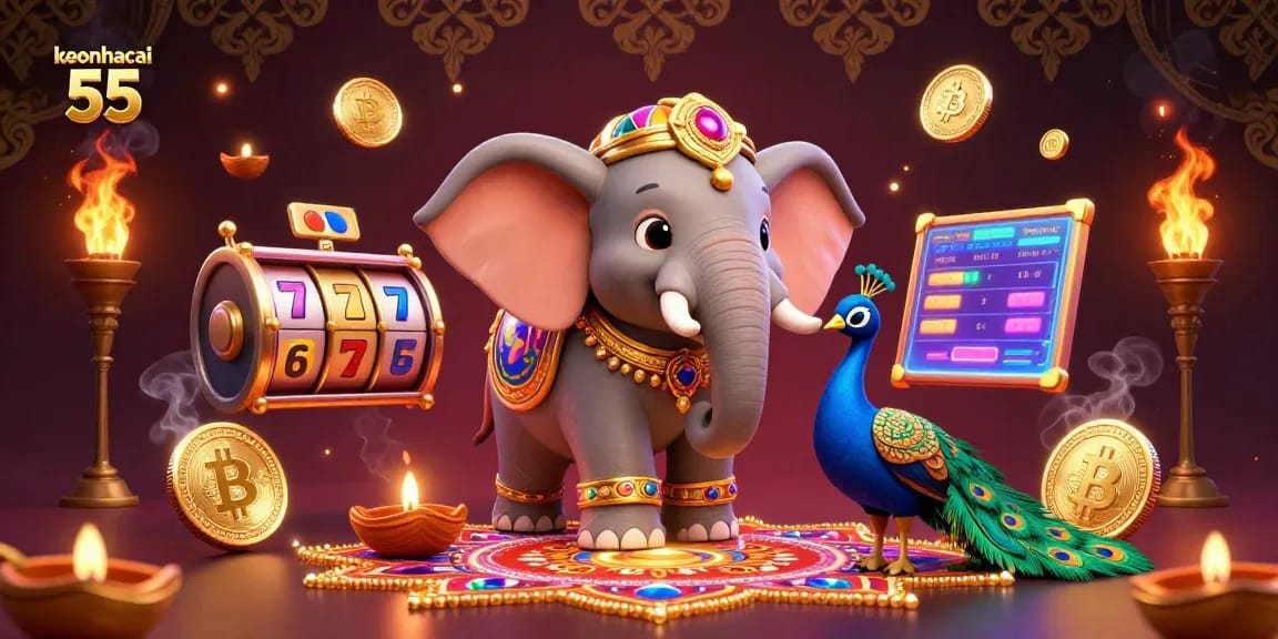 Engage with keonhacai 55 through this vivid illustration showcasing a winning casino atmosphere filled with vibrant slot elements.