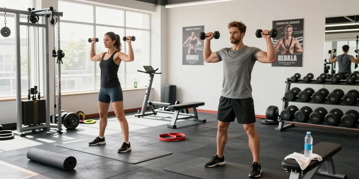 Fitness-Enthusiasten bei Deus Medical im modernen Fitnessstudio, die gemeinsam Gewichte heben.