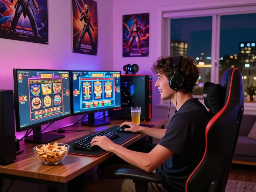 Exciting gaming scene where a player enjoys situs gacor with vivid slot games on multiple screens, cozy atmosphere with snacks and city view.