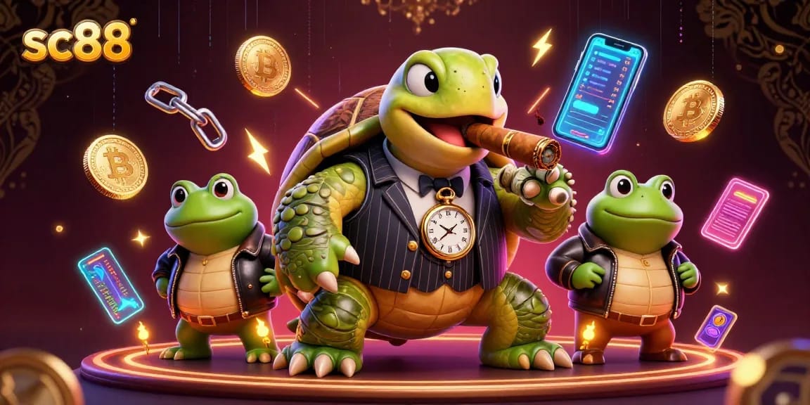 sc88 showcases a vibrant casino scene with a snapping turtle in a mobster suit and crypto elements.