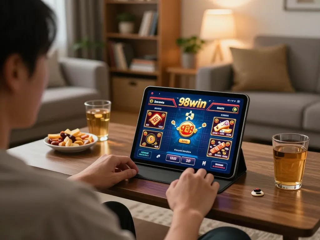 Person enjoying online gambling at home with the 98win tablet interface, emphasizing strategic gameplay
