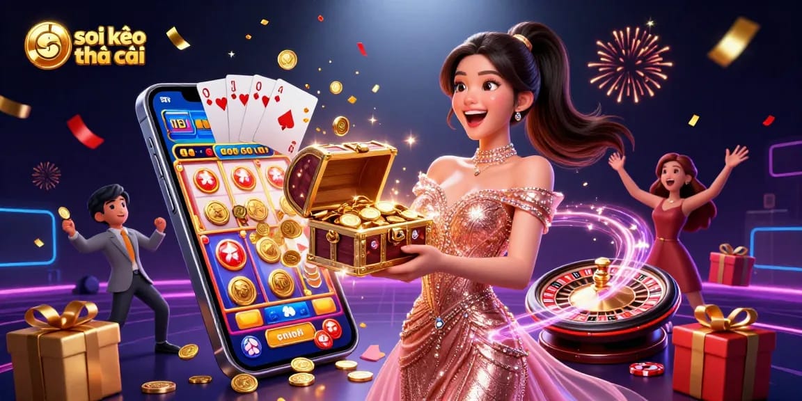 Spectacular view of soi kèo nhà cái showcasing a joyous Asian woman presenting treasures amidst vibrant casino elements.