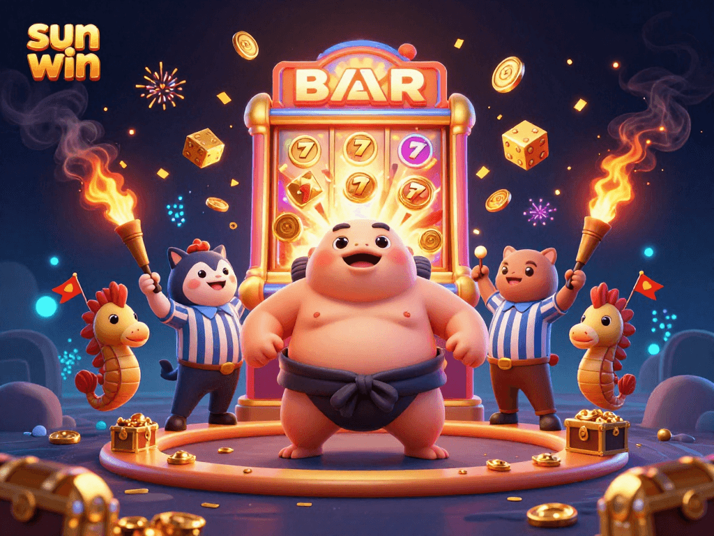 Experience the sun win excitement with a lively underwater casino scene featuring a blowfish in a sumo belt.