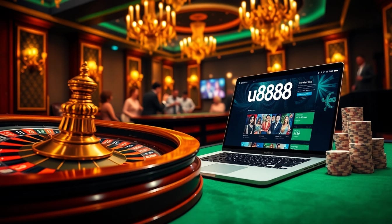 Experience thrilling gameplay with u888's vibrant online casino gaming scene featuring roulette and poker chips.