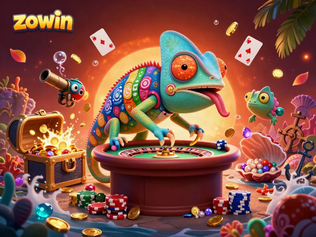 Zowin casino's chameleon owner catches golden coins in a vibrant, dynamic scene.