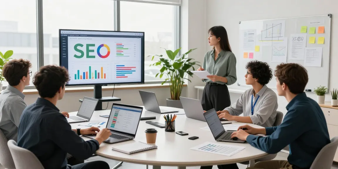 SEO Agentur Team, das in einer modernen Büroumgebung an digitalen Marketingstrategien arbeitet