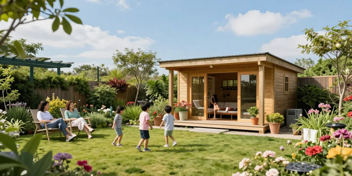 Gartenhaus kaufen: Familie entspannt um ihr neues Holz-Gartenhaus im blühenden Garten.