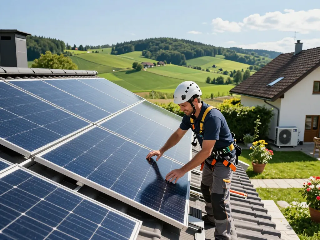 Experte für Photovoltaik Bayern installiert Solarpaneele auf einem Wohngebäude in Bayern und zeigt Energieeffizienz.
