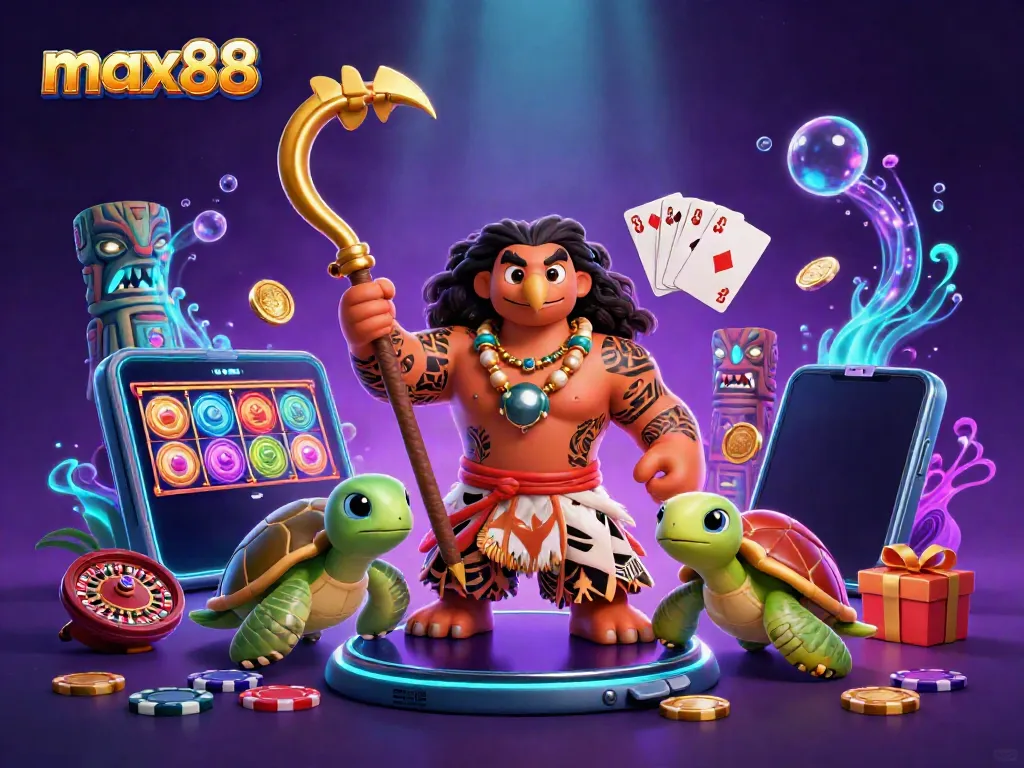Experience max88's vibrant casino adventure with Maui and friends, complete with slots and jackpots.