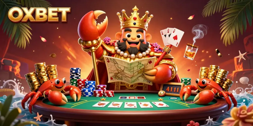 Engage in thrilling card games at OXBET with a golden crab emperor overseeing exciting poker action.