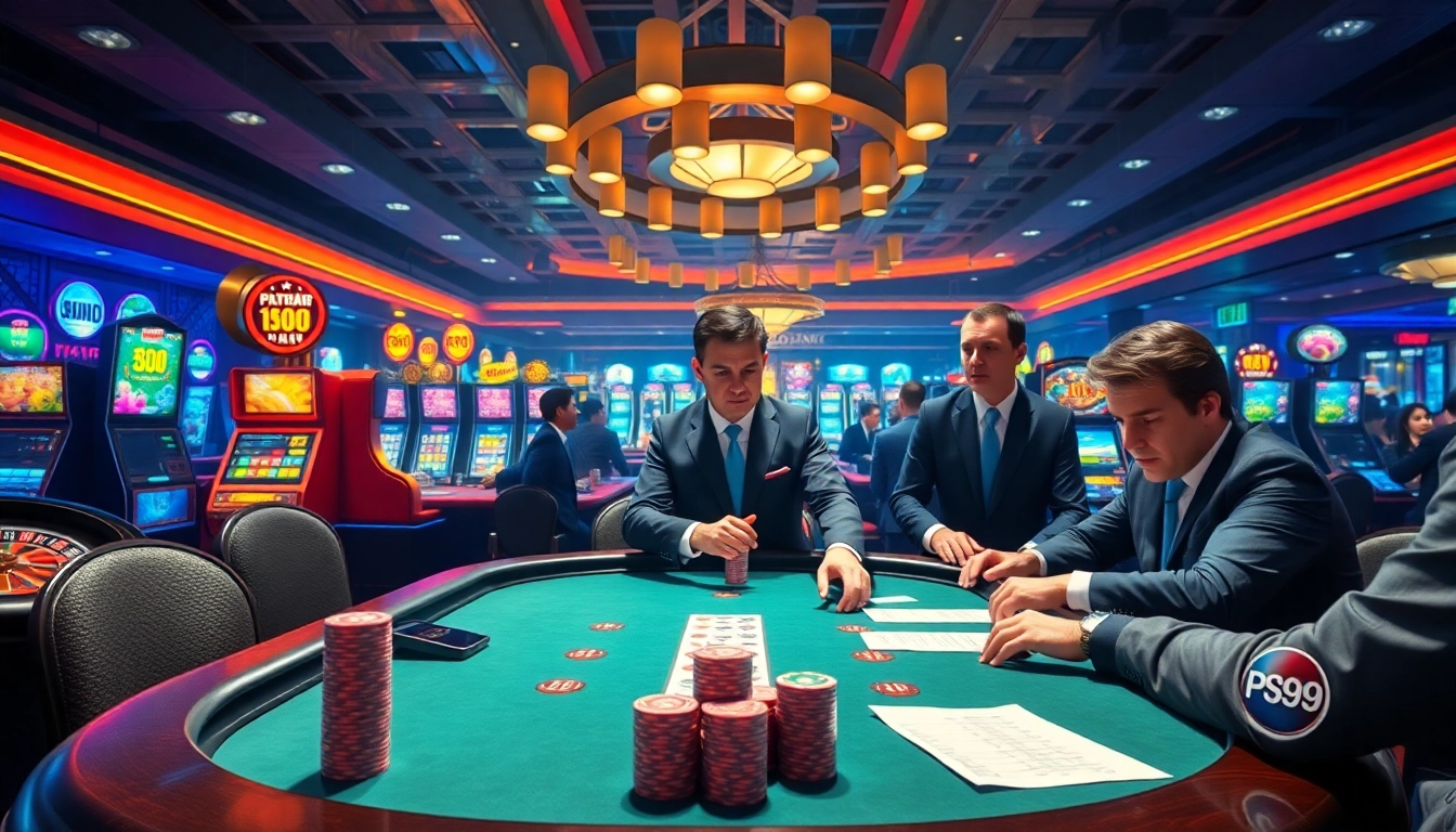 Engaging casino scene reflecting PS99 with vibrant poker tables and slot machines.