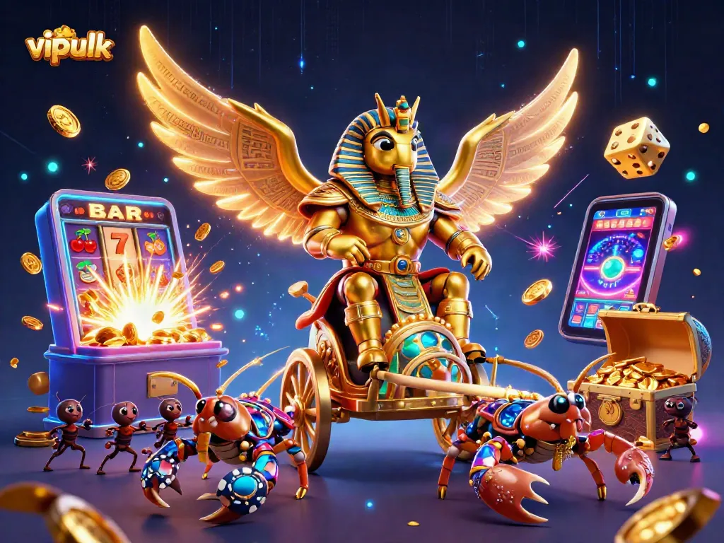 Experience the excitement of vipluck casino with a golden scarab and jackpot elements in a vibrant 3D scene.