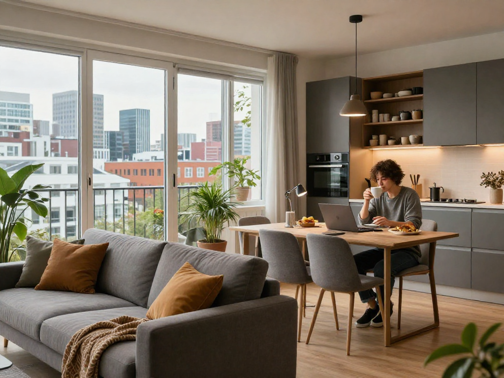 Gemütliche Monteurwohnung Hannover mit modernem Design und Stadtblick.