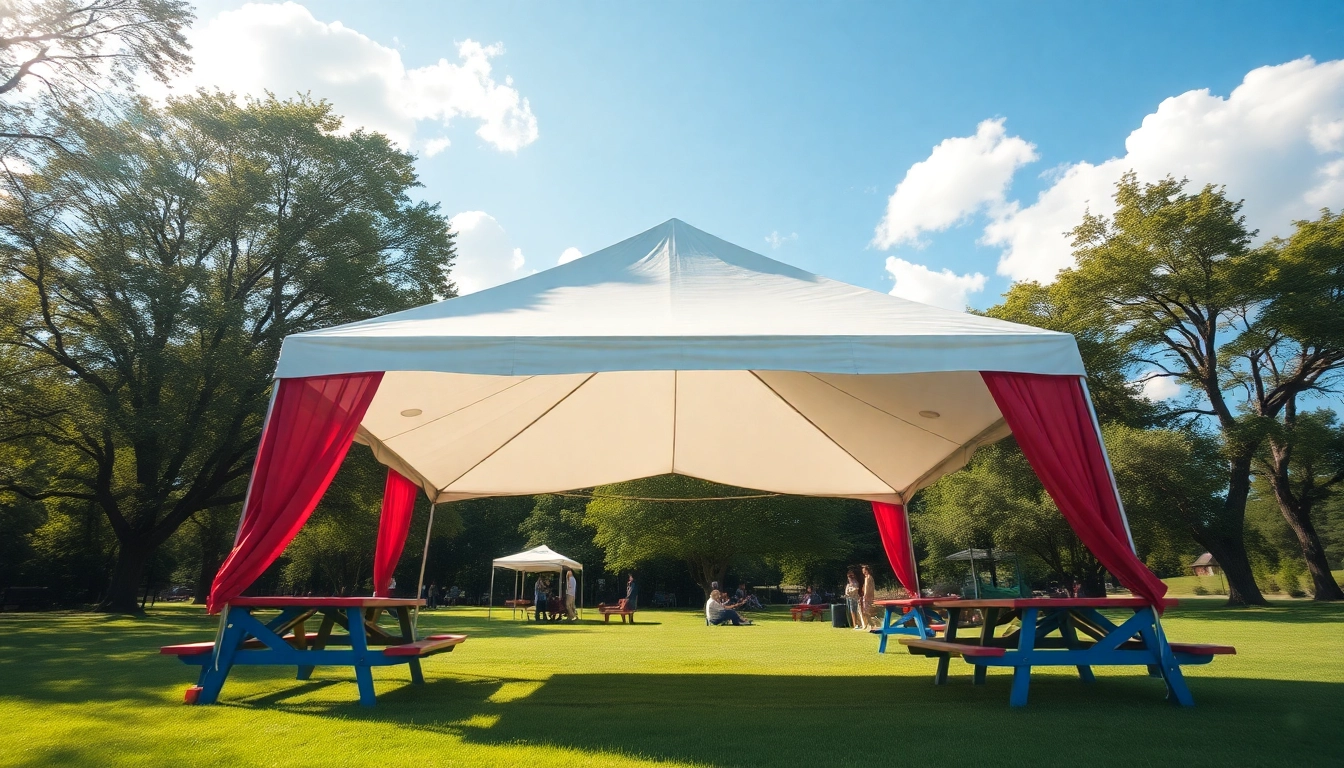 Set up a vibrant canopy tent for a picnic in a sunny park surrounded by greenery.
