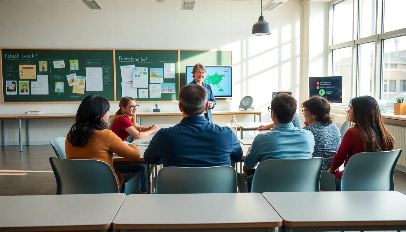 Education-focused collaboration in a vibrant classroom setting with diverse students engaging actively.