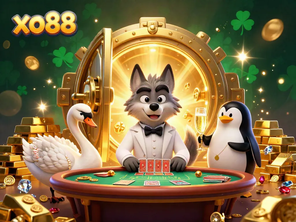 Engage in thrilling baccarat action with xo88's lively characters in a vibrant casino setting.