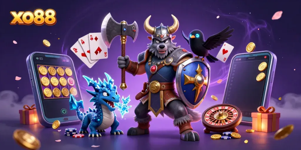 Join the exciting adventure of the 3D cartoon Viking wolf warrior and dragon in a vibrant xo88 casino scene.