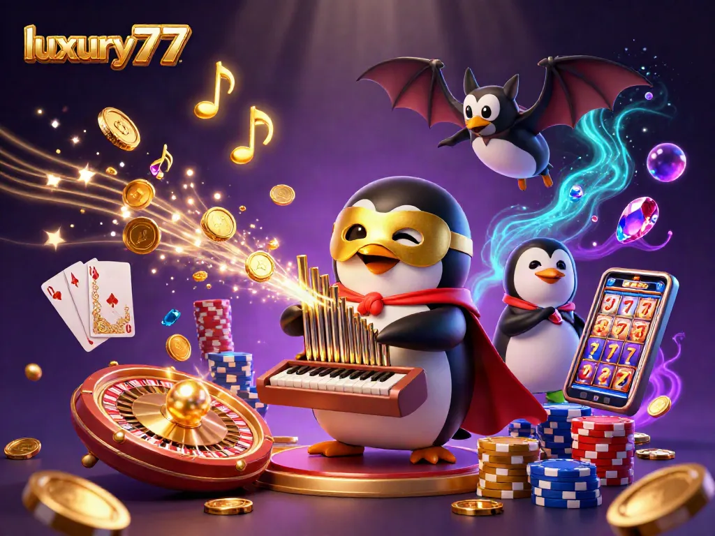 Experience luxury777 gaming adventures with a penguin playing a pipe organ in this vibrant casino scene.