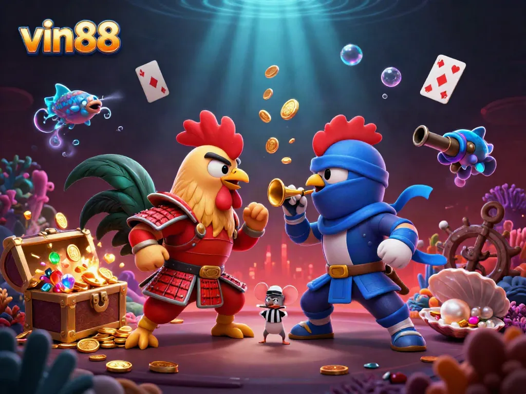 Place bets with vin88 as fighting roosters engage in an exciting online gaming showdown.